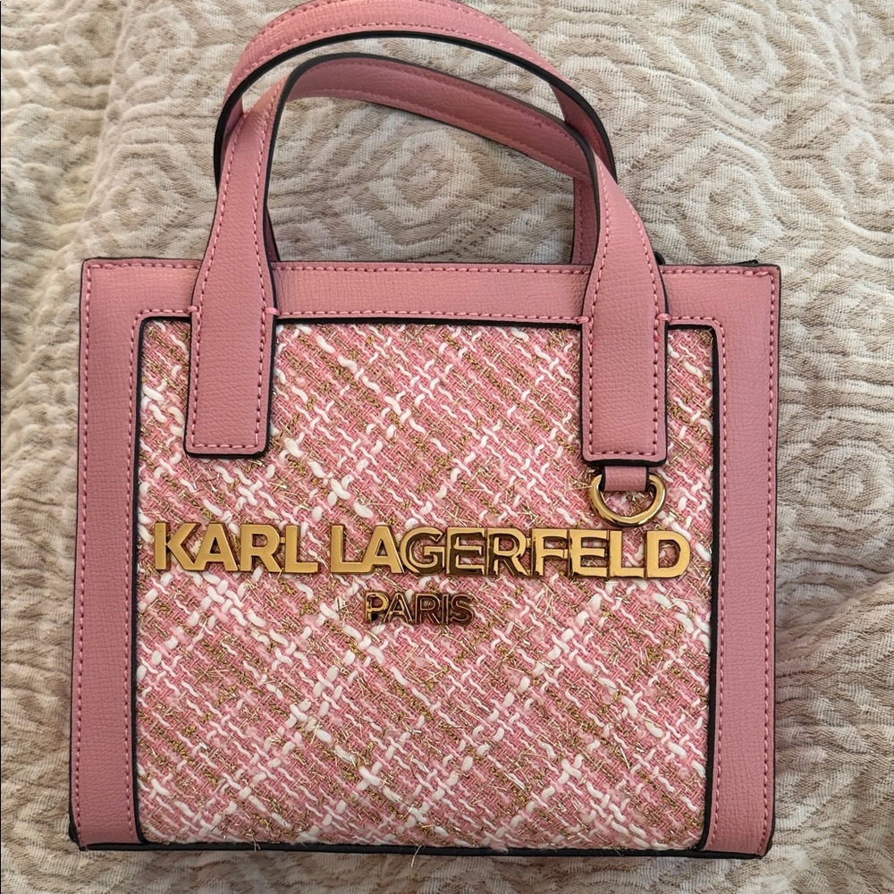 Karl Lagerfeld Pink Tweed Satchel with Gold Accents